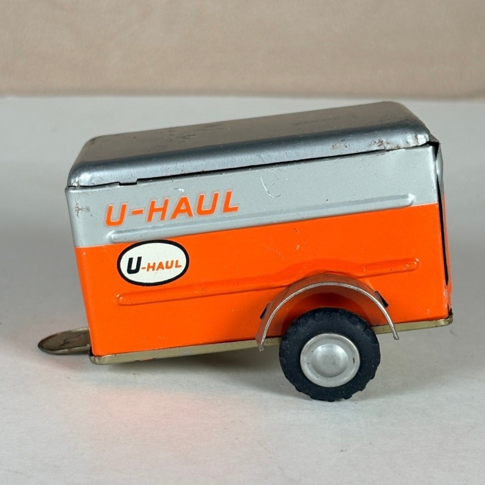 Vintage Tin U-Haul Trailer Toy 4 Inch Orange Silver Litho Pressed Metal